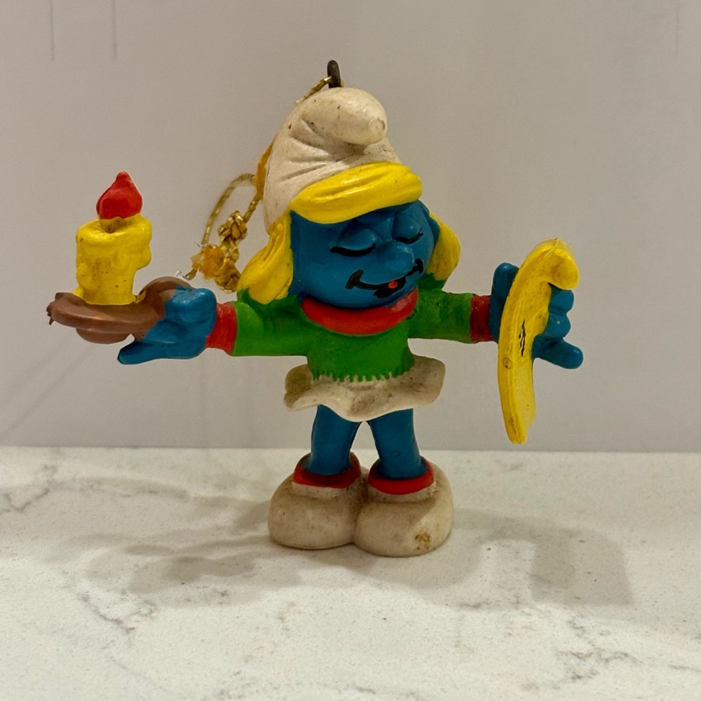 1981 Smurfette Pitufina Ornament Smurf Christmas Caroler Gold Cord Pitufos